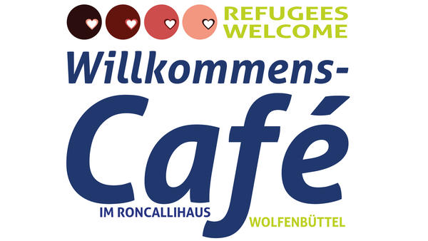 Logo des Willkommenscafs im Roncallihaus mit dem Schriftzug: "Refugees Welcome Willkommenscaf im Roncallihaus Wolfenbttel"